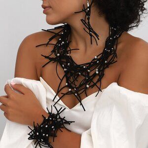 Hand Made Tassel Necklace, Bracelet and Earrings Set with Silver Beads